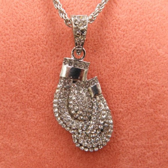 14K WHITE GOLD plated ICED BOXING GLOVES PENDANT - Picture 3 of 5